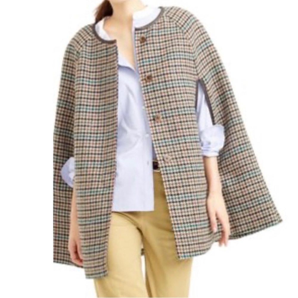 J. Crew Houndstooth Cape Coat in Saddle Seagrass Multi Size M/L - Picture 3 of 9